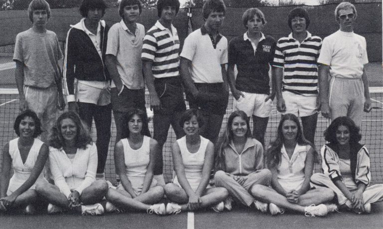 Kathy Kuhne Vick with the Monterey tennis team in a 1970s team photo, black and white