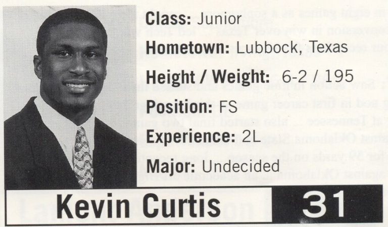 Kevin Curtis, number 31, on a media guide card with a suited headshot and player details