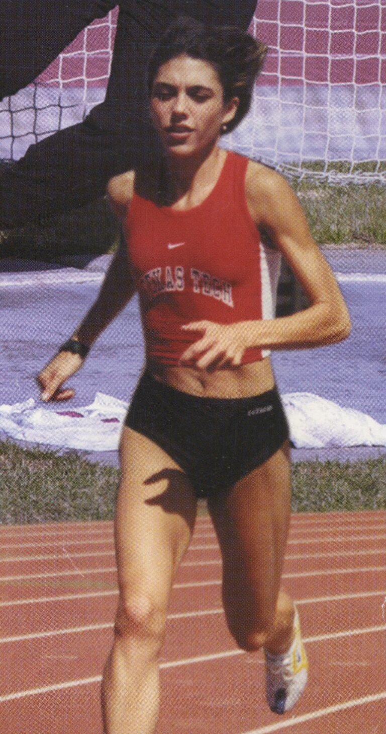 Leigh Daniel Cordes striding down a red track in a Texas Tech singlet