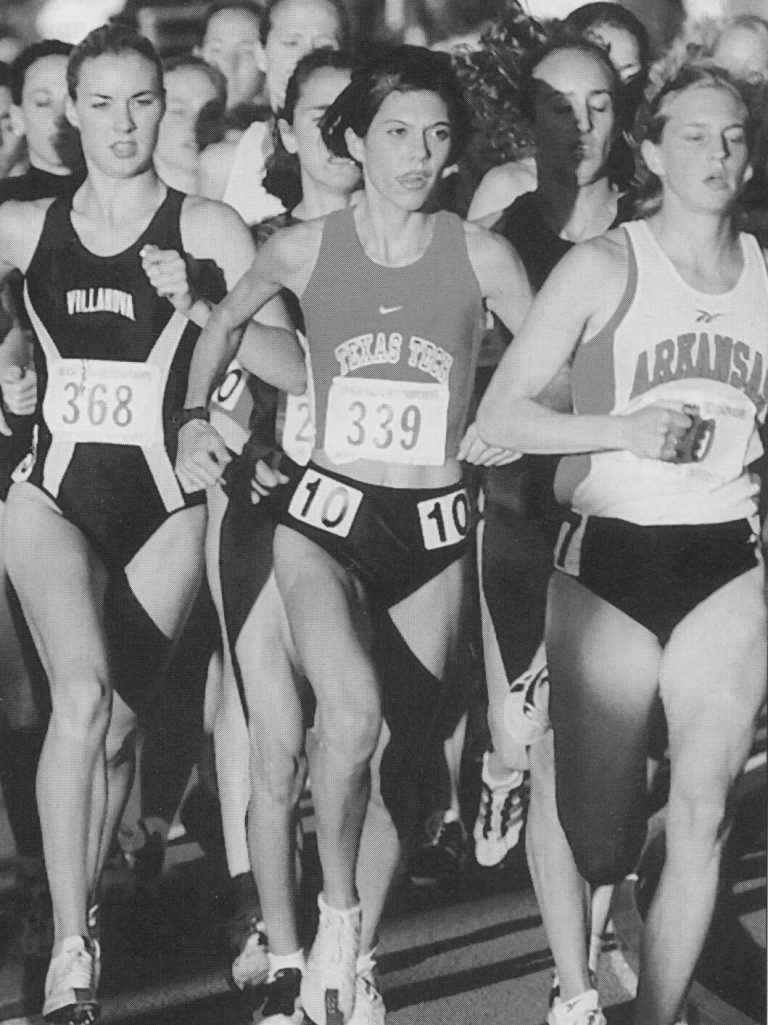 Leigh Daniel Cordes in a Texas Tech singlet, bib 339, running in a tight pack between Villanova and Arkansas runners