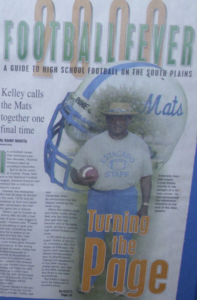 Louis Kelley holding a football before a giant Mats helmet on the 2000 Football Fever cover headlined Turning the Page
