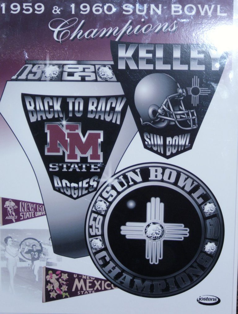 Louis Kelley's name on a 1959 and 1960 Sun Bowl Champions poster with New Mexico State Aggies championship rings