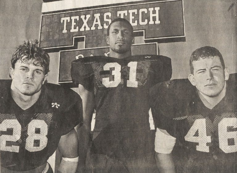 Mike Smith, number 46 at right, with Texas Tech teammates Ryan Aycock and Kevin Curtis, from a newspaper photo