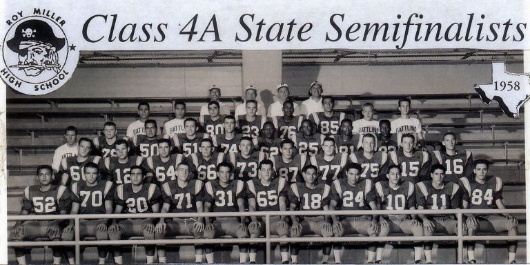 Roy Miller High School 1958 Class 4A state semifinalist football team in the stands, from the Pete Ragus collection