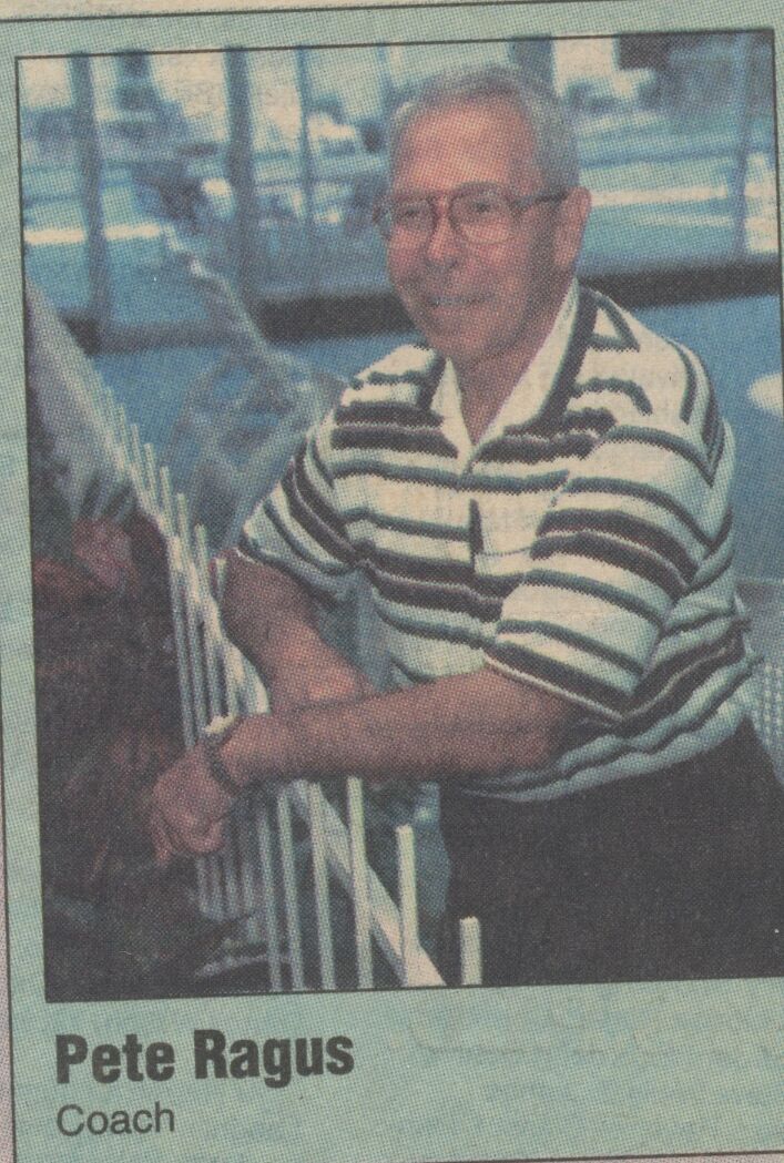 Pete Ragus, Coach, smiling in a striped polo shirt beside a railing on a newspaper card