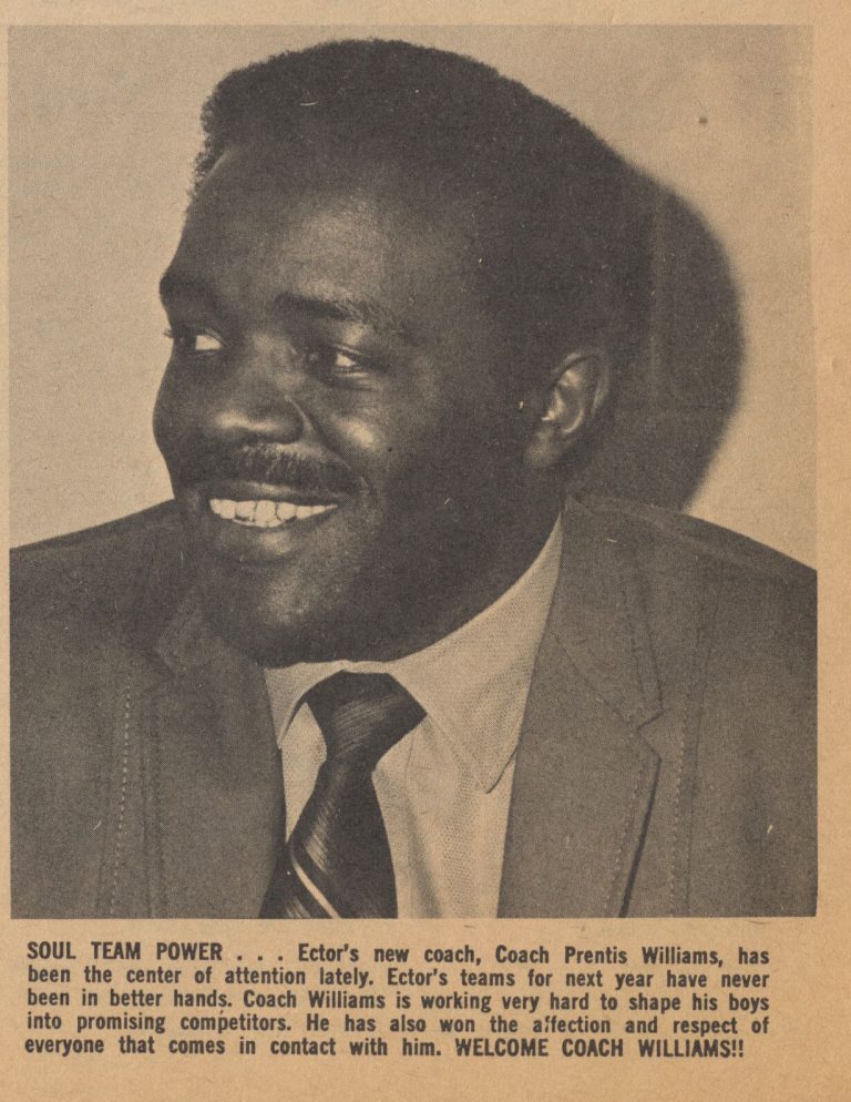 Prenis Williams smiling in a suit and striped tie, captioned as Ector's new coach in a newspaper clipping