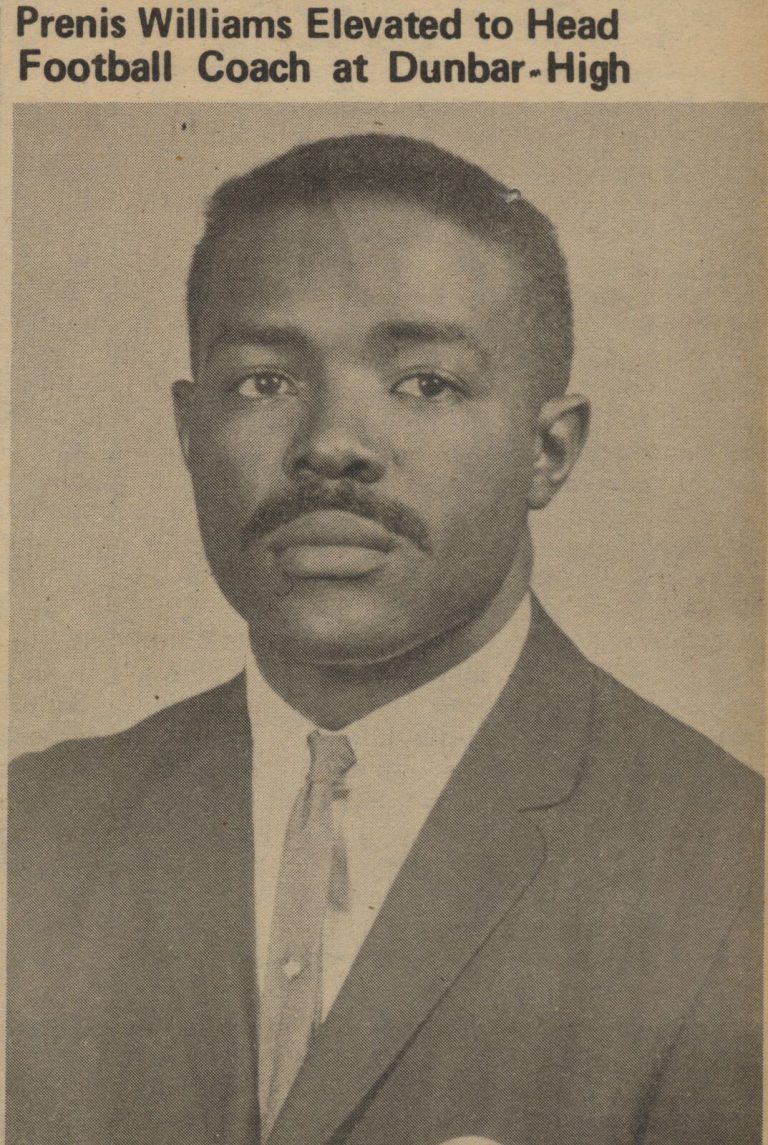 Prenis Williams in a dark suit and tie, pictured with a headline on becoming head football coach at Dunbar High