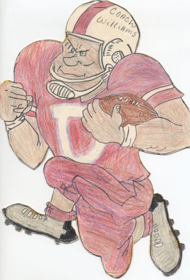 Colored drawing of a football player with Coach Williams written on the helmet, from the Prenis Williams collection
