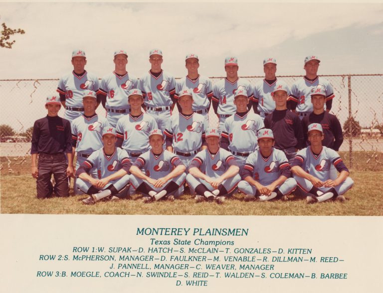 Steve Coleman with the Monterey Plainsmen baseball team, Texas State Champions, in powder-blue uniforms