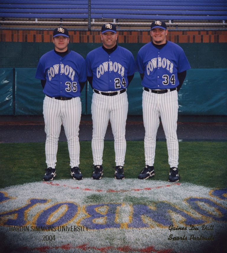 Steve Coleman with two others in blue Cowboys jerseys on the Hardin-Simmons University field logo, 2004