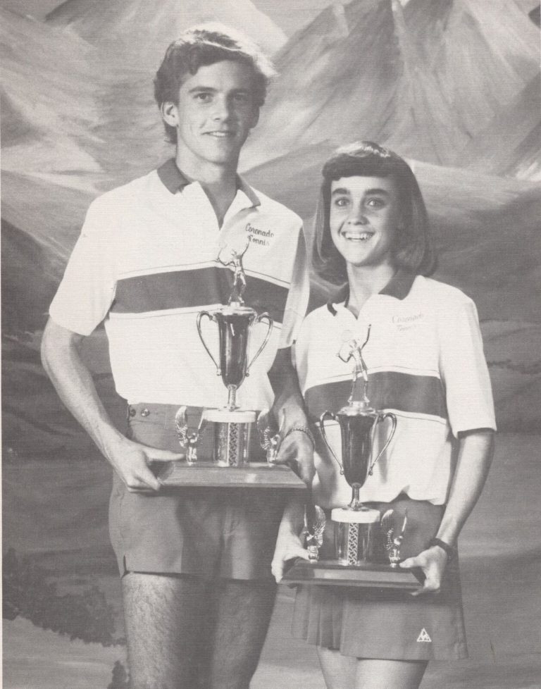 Tanya Hamilton Bryant and Lara Mahaney: two Coronado Tennis players holding trophies, black and white