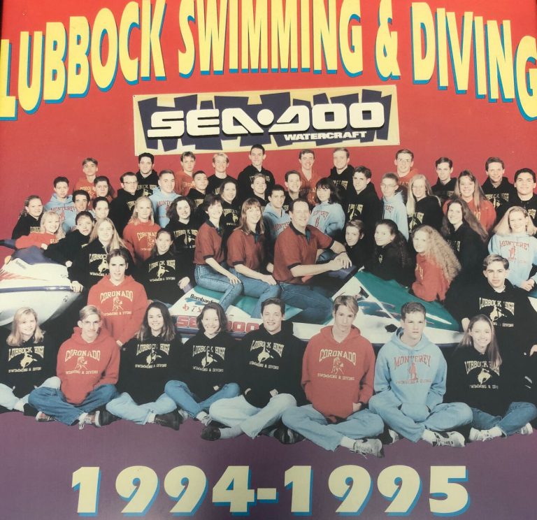 Thomas Klement's Lubbock Swimming and Diving team poster for 1994-1995, with the team posed around jet skis