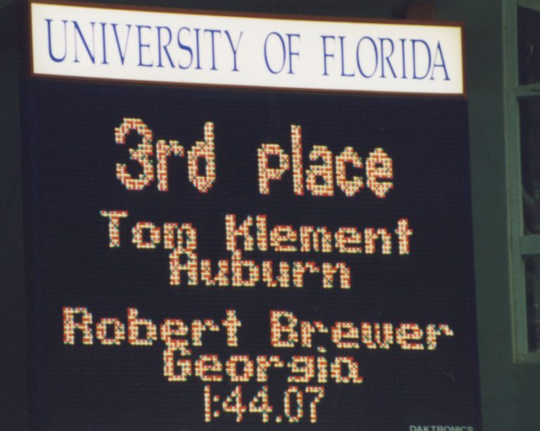 Thomas Klement listed in 3rd place for Auburn on a University of Florida scoreboard
