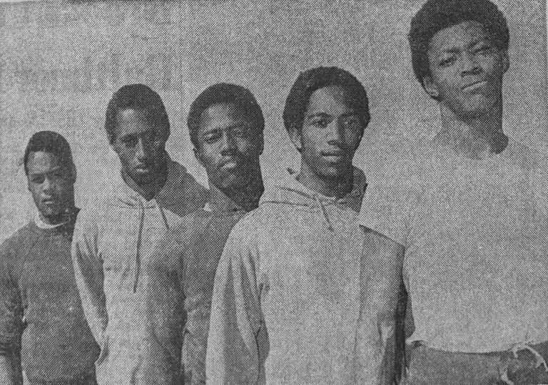 1970 State Champion Track Team baton corps, five runners in warm-up jackets, from a 1970 newspaper