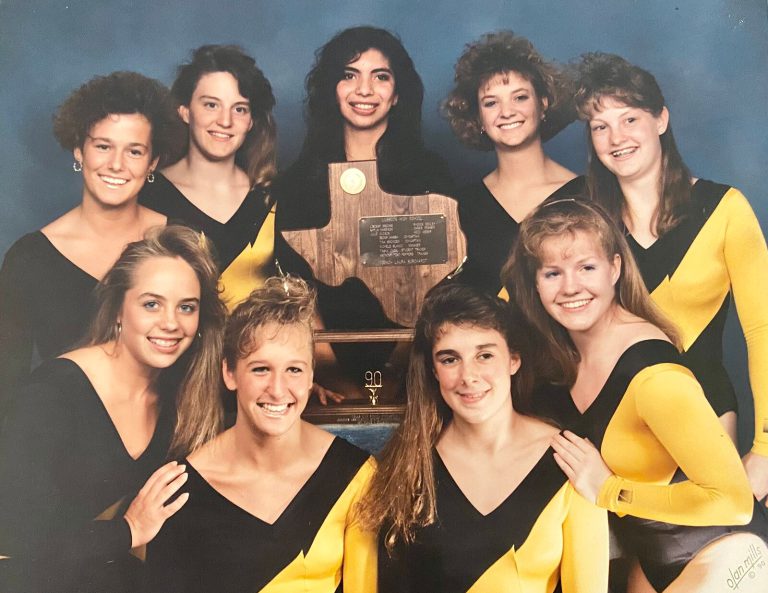 1989–90 and 1990–91 State Champion Gymnastics Teams: gymnasts in black-and-gold leotards with a Texas-shaped plaque
