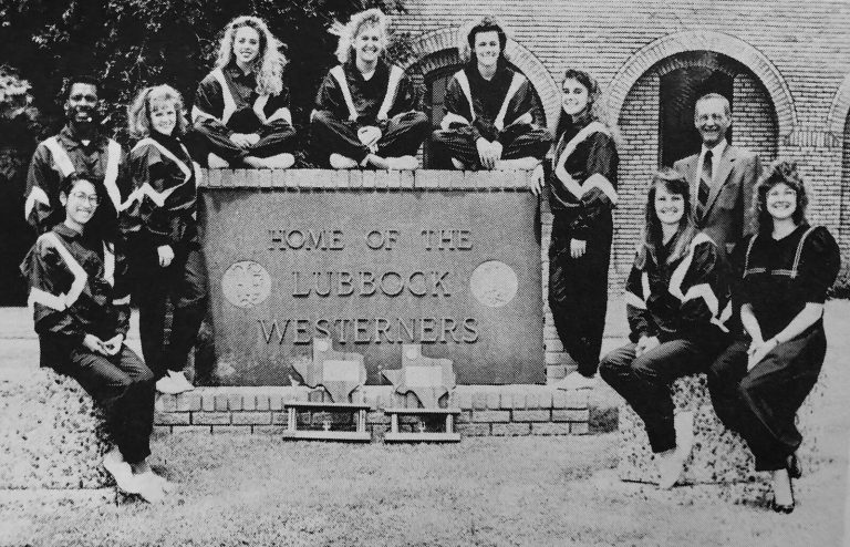 1989–90 and 1990–91 State Champion Gymnastics Teams: team members in warm-ups around a Home of the Lubbock Westerners sign