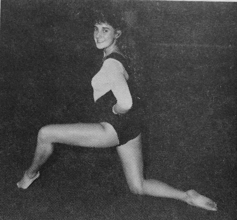 1989–90 and 1990–91 State Champion Gymnastics Teams: gymnast in a low lunge pose with one arm behind, black and white