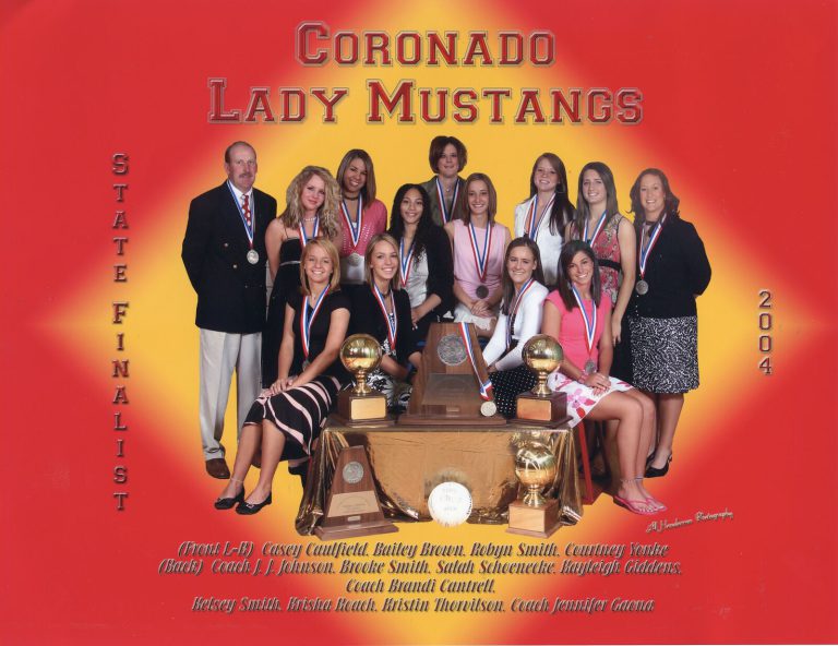 Coach Brandi Cantrell with the Coronado Lady Mustangs 2004 state finalist team and trophies, on a team poster