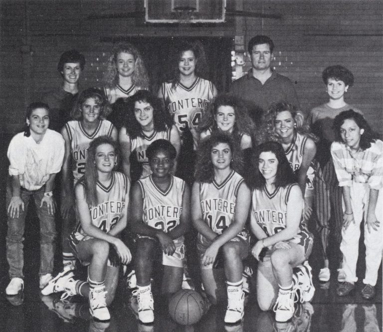 Janice Farris Legan with teammates and coaches in a Monterey girls basketball team photo, black and white