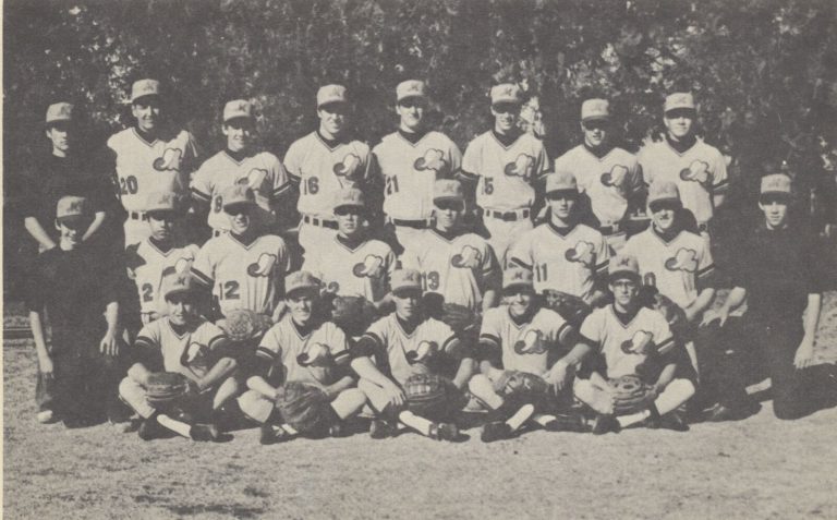 1981 State Champion Baseball Team posed in uniform with gloves, black-and-white team photo