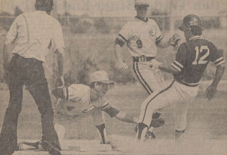 1981 State Champion Baseball Team second baseman Darrell Kitten tags out El Paso Eastwood's Martin Facio at second base