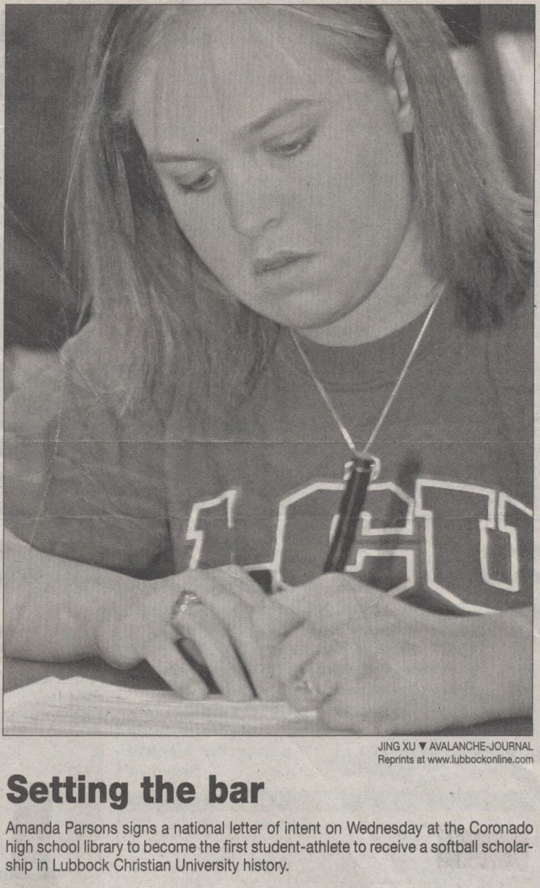 Amanda Parsons signing a Lubbock Christian University softball letter of intent, from an Avalanche-Journal clipping