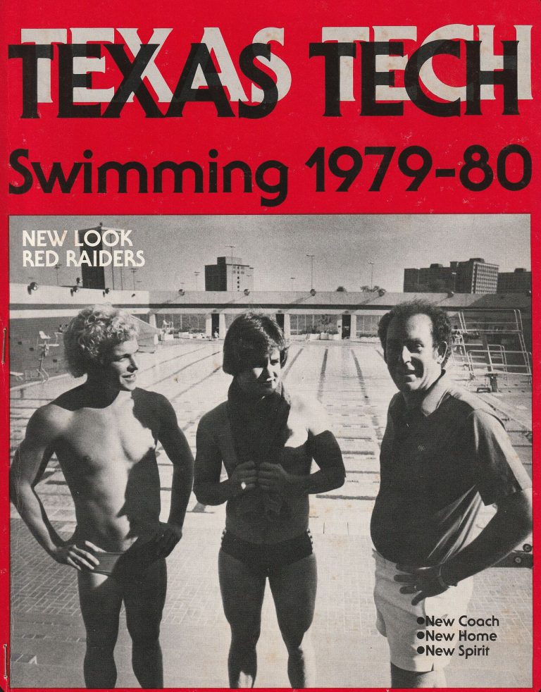 Texas Tech Swimming 1979-80 recruiting brochure cover with new coach Ron Holihan and two swimmers at the pool