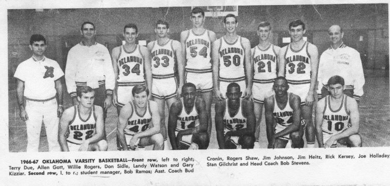 Robert “Prof” Ramos, far left, as student manager with the 1966-67 Oklahoma varsity basketball team and coaches
