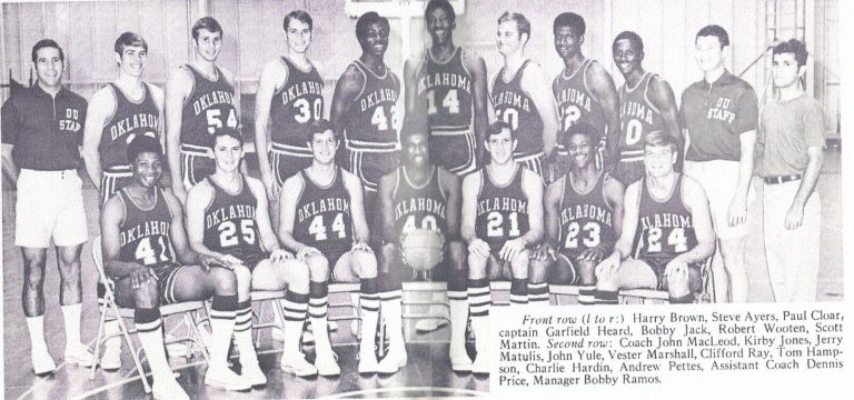 Robert “Prof” Ramos, far right in the back row as manager, with the 1969-70 Oklahoma varsity basketball team and coaches
