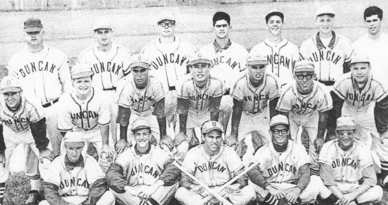 Robert “Prof” Ramos's Duncan baseball team in three rows, with Bobby Ramos listed as manager, from a clipping