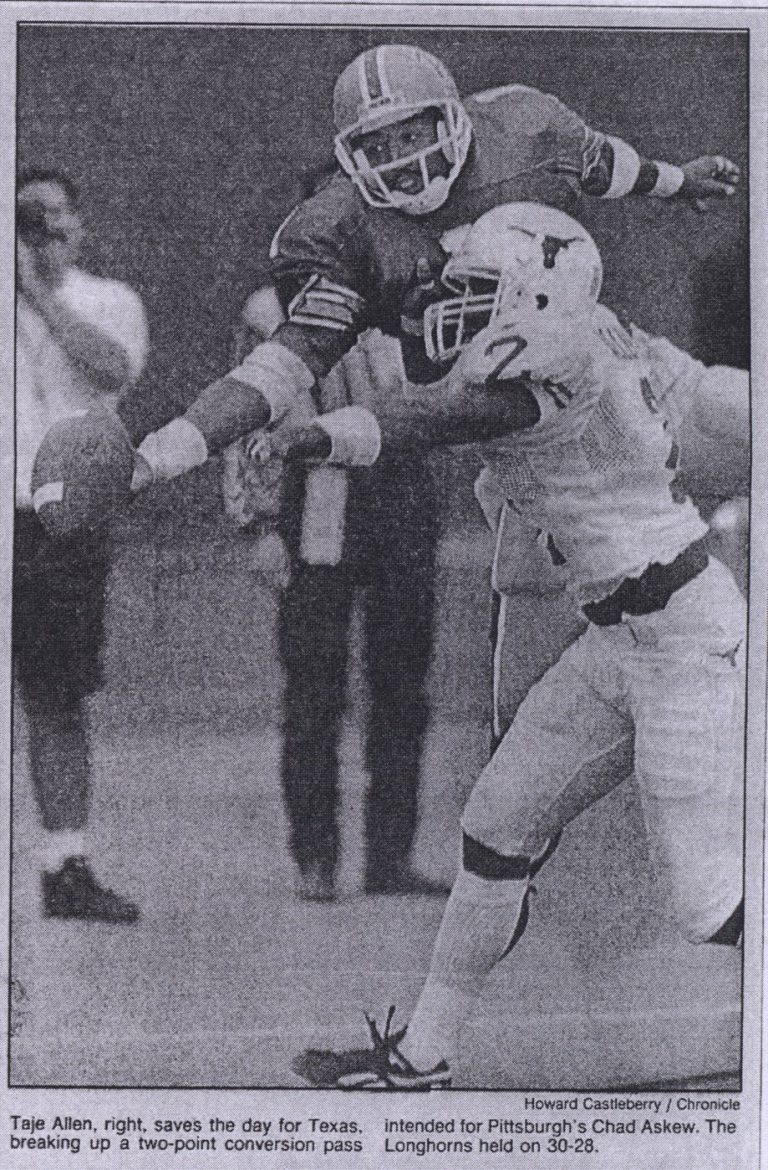 Newspaper photo of Taje Allen breaking up a two-point conversion pass for the Texas Longhorns against Pittsburgh.
