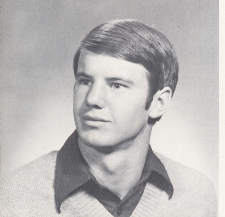 Tim Leslie in a collared shirt and sweater, yearbook portrait from the Mr. Monterey feature