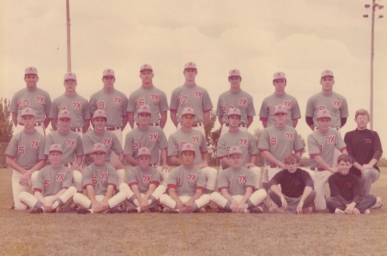 Monterey baseball team posed in three rows in a color team photo, from the Tim Leslie collection