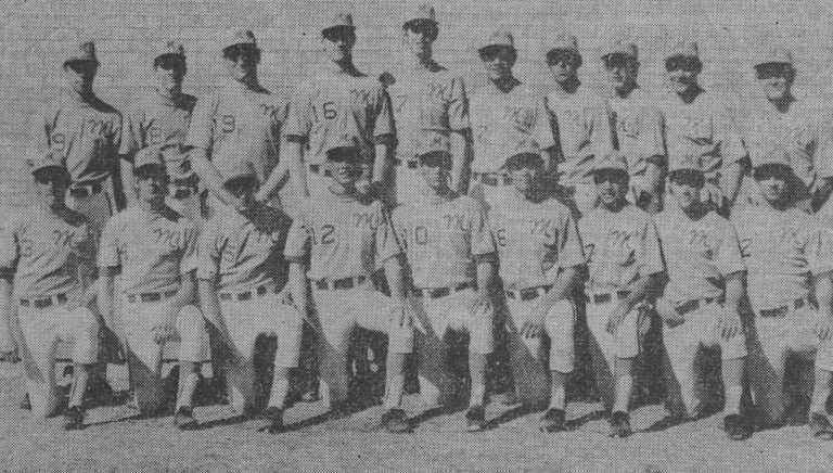1974 Monterey State Champion Baseball Team posed in two rows in baseball uniforms, from a newspaper ad