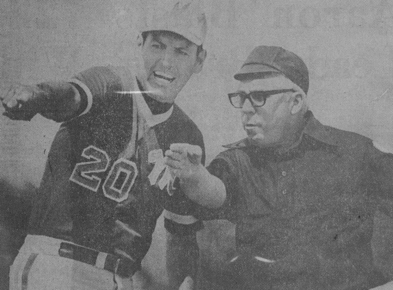 1974 Monterey State Champion Baseball Team coach Bobby Moegle debating a call with a base umpire during a game