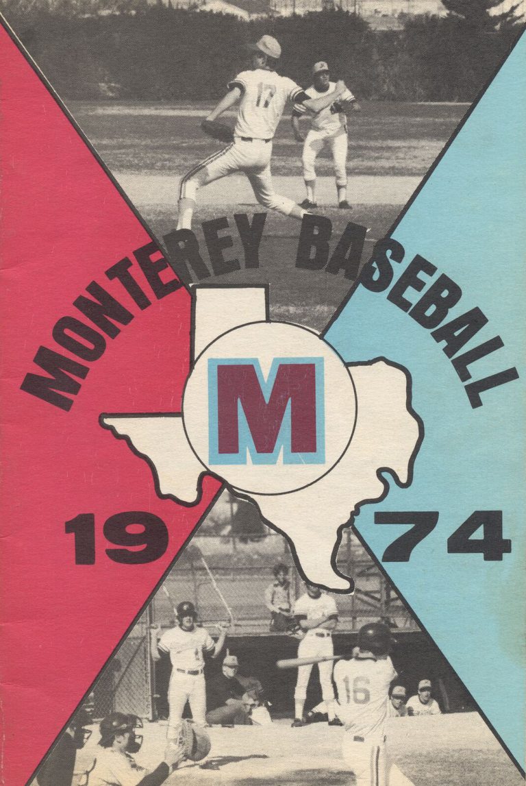1974 Monterey State Champion Baseball Team program cover with a Texas-shaped M logo and two game-action photos